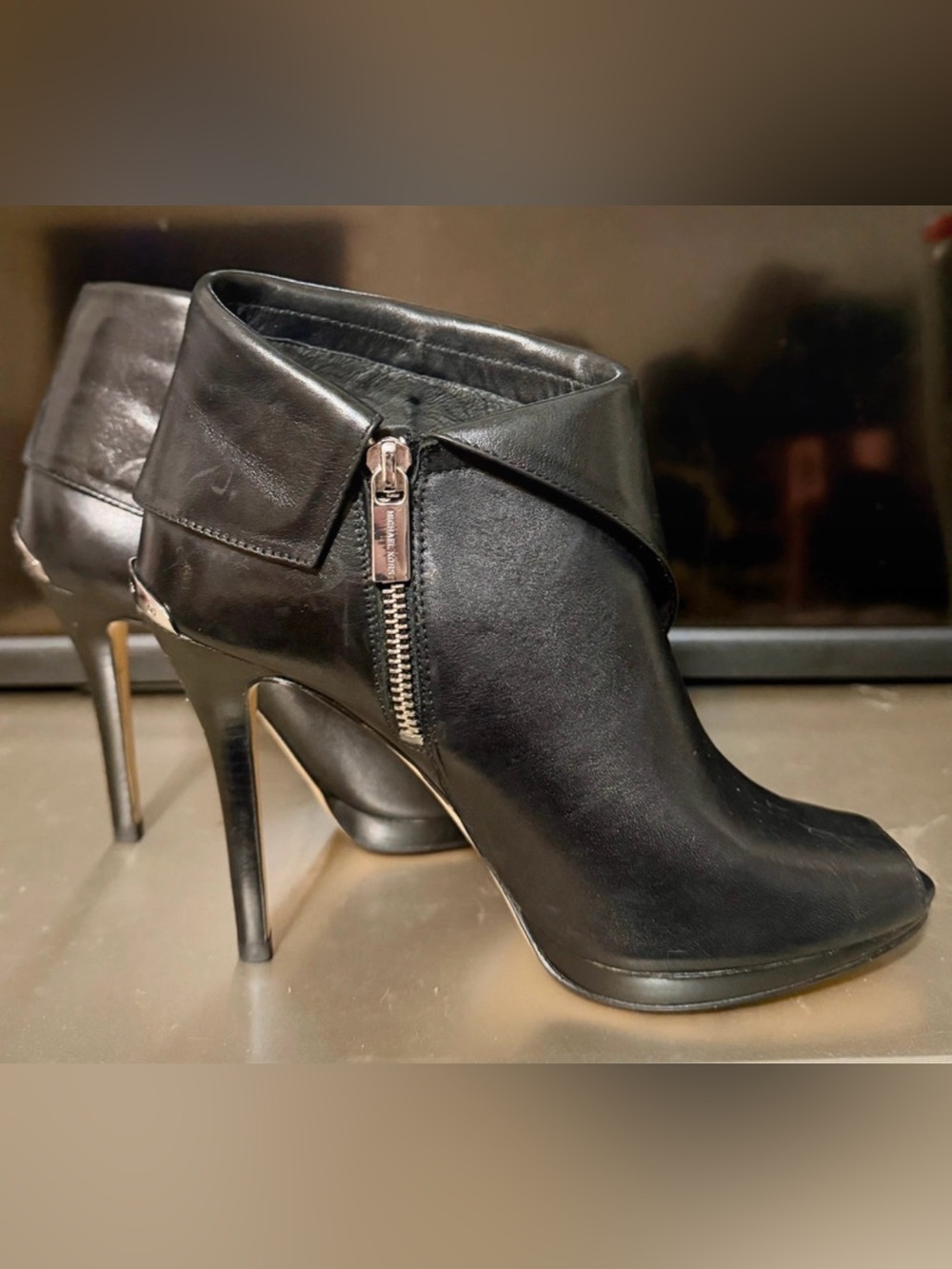 Michael Kors Black Fold-Over Leather Ankle Booties with Side Zip